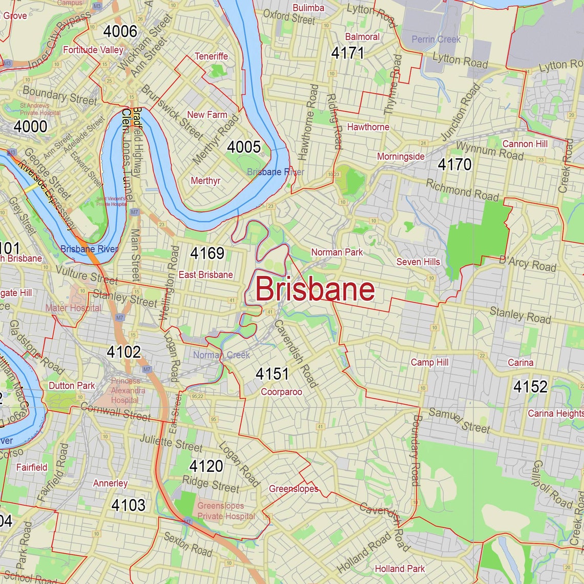 City maps Brisbane Australia 3 zipcodes. Personalized map Etsy