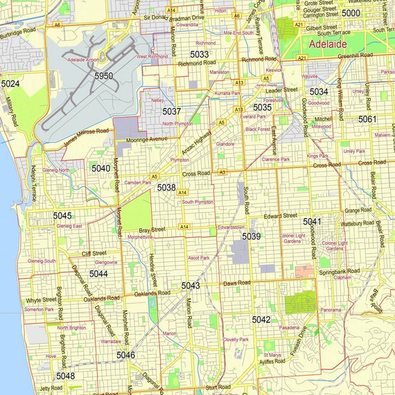 Adelaide Australia. Personalized City Map with zip codes. Etsy