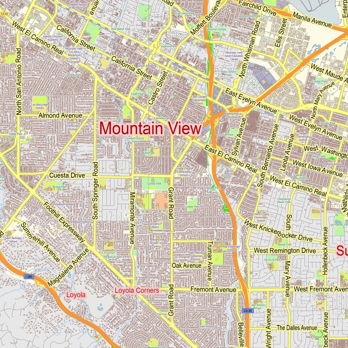 City maps Palo Alto & Mountain View CA. United States map. Etsy