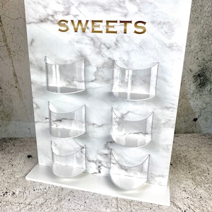Sweet Stand, Sweet Wall, Candy Wall. White 10mm waterproof plastic. Marble printed gold text. Various Size Options. 4 to 9 pockets, 2-4.5kgs