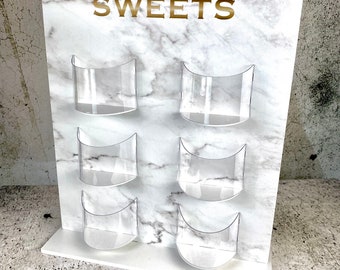 Sweet Stand, Sweet Wall, Candy Wall. White 10mm waterproof plastic. Marble printed gold text. Various Size Options. 4 to 9 pockets, 2-4.5kgs