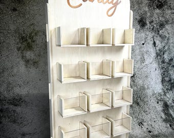 Expositor de pared de madera para dulces, 1,7 m de altura, varios tamaños, color/logotipo personalizado.