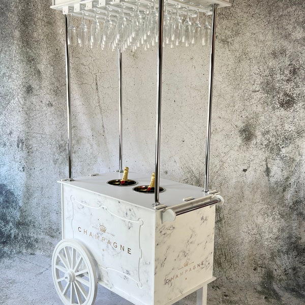 Champagne cart, Drinks cart, Champagne Bar. FloorStanding 6.7ft Tall. Holds 42 champagne flutes & 2 ice buckets. Transports Easily
