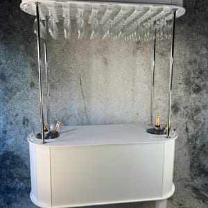 シャンパン カート、ダブル カート ラウンド エンド、シャンパン バー、キャンディ カート、多目的カート 幅 5 フィート x 高さ 7 フィート x 奥行き 2 フィート、コースター ホイール/脚付き