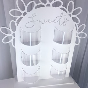 Sweet Stand, Sweet Wall, Candy Wall. White 10mm waterproof plastic. Flower Edge Design. Various Size Options. 4 to 9 pockets, 2-4.5kgs