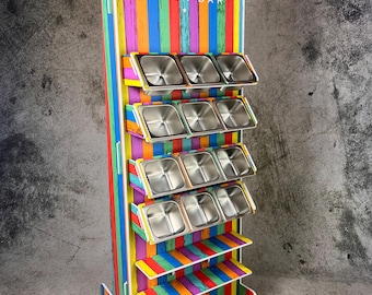 Barra de dulces de pared de 1,8 m de alto con 12 recipientes Gastronorm y color y logotipo personalizados.