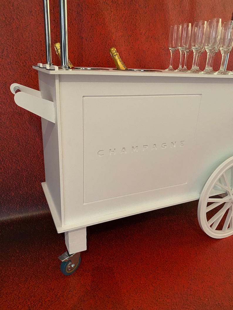 Champagne cart,drinks cart,champagne bar.Freestanding.Holds 40 champagne flutes & 2 ice buckets.transportable.Stand out piece image 4