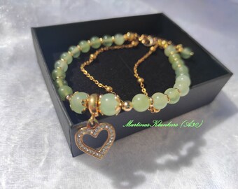 Jade multi bracelet with heart charm, extendable (A30)