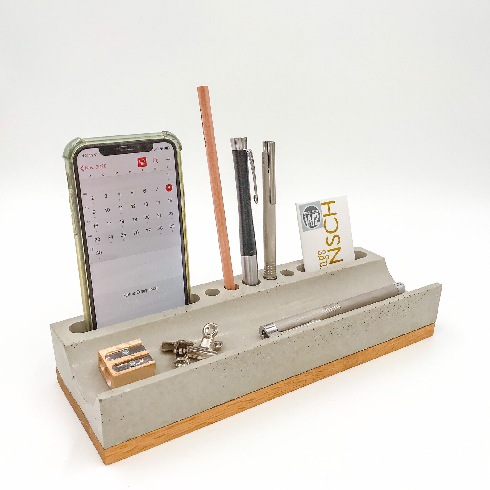 Schreibtisch Organizer aus Beton und Holz mit Handyhalter u. Etsy