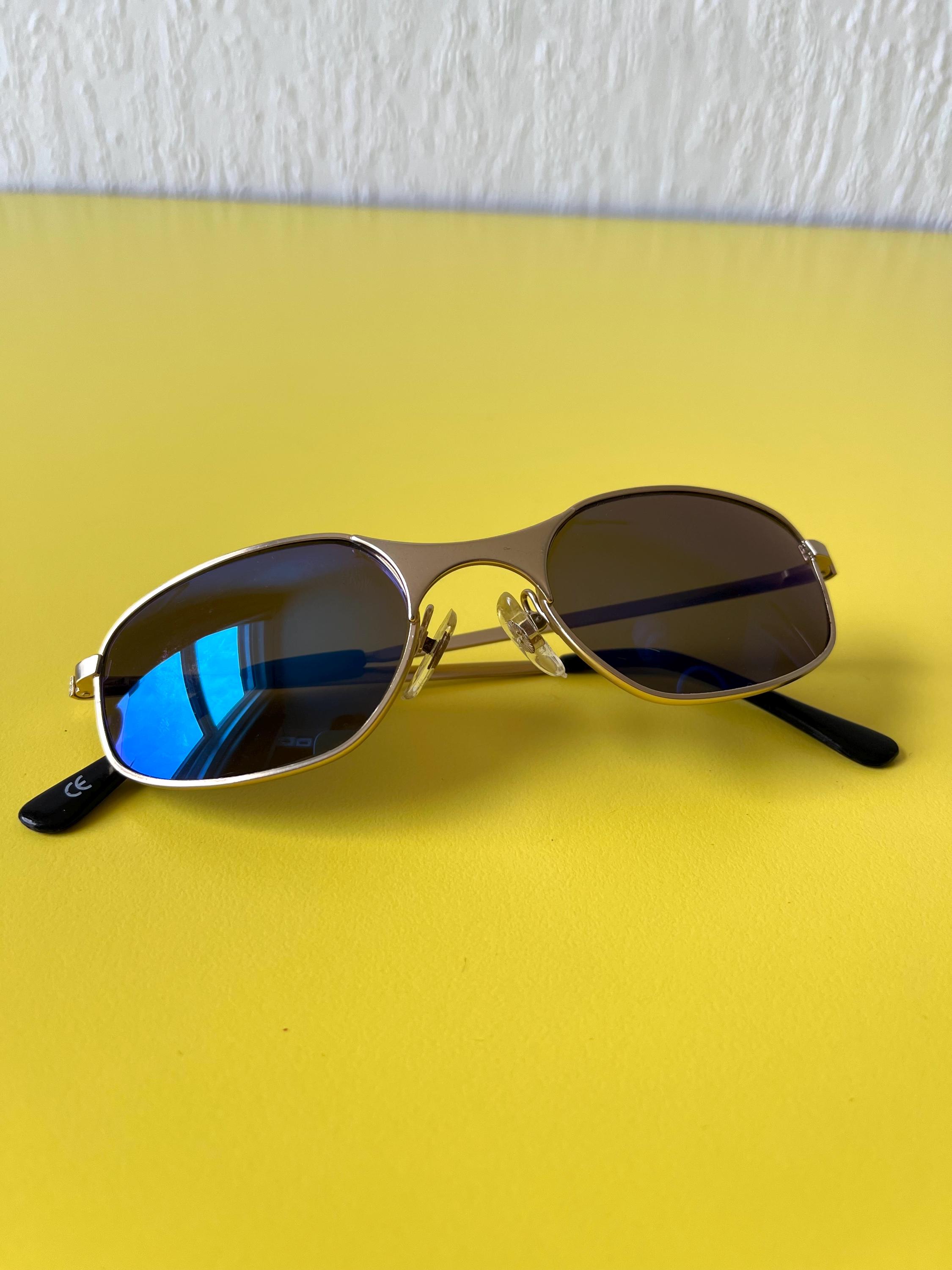 y2k deadstock sunglasses metal frame blue lenses Matrix style