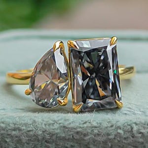 Gray Moissanite Toi et Moi Engagement Ring Pear & Radiant Cut Two Stone Ring Solid Gold Promise Ring Unique Alternative Bridal Ring For Her