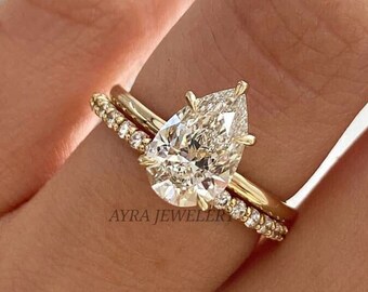 2.5 CT Pear Cut Moissanite Engagement Ring | Moissanite Bridal Set | 14k Yellow Gold Wedding Ring Set | Anniversary Ring Set For Her