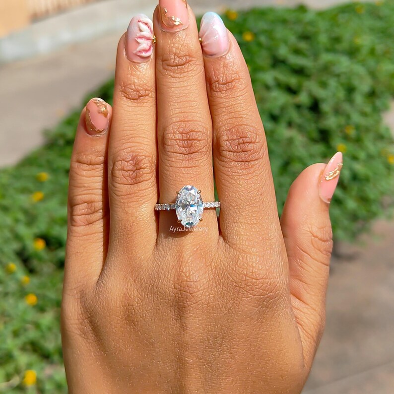 3 CT Oval Cut Moissanite Engagement Ring 14K Solid Gold Hidden Halo ...