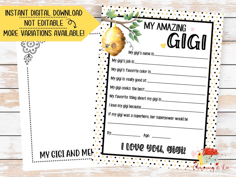 Mothers Day PRINTABLE Questionnaire / All About My Gigi / Etsy Mothers Day PRINTABLE Questionnaire / All About My Gigi / Etsy