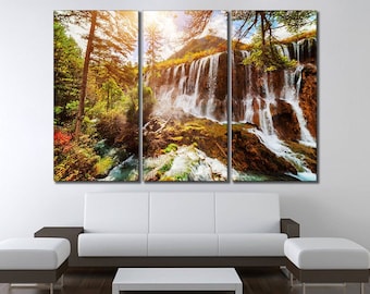 Waterfall canvas wall art Forest canvas Waterfall wall art Waterfall canvas print Forest waterfall canvas art Sunny forest canvas