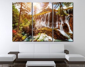 Waterfall canvas wall art Forest canvas Waterfall wall art Waterfall canvas print Forest waterfall canvas art Sunny forest canvas