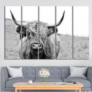Scottish cow wall art Cow black white print canvas Highland cow canvas wall art Farmhouse decor Rustic wall canvas Animals print