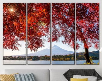 Mount Fuji canvas wall art Autumn Fuji wall decor Red leaves canvas art Mountain wall art canvas Tree canvas