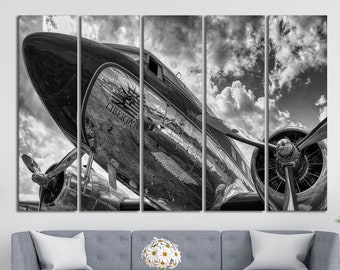 Airplane wall art Black white canvas Vintage airplane canvas print Old aircraft wall canvas Aviation wall art