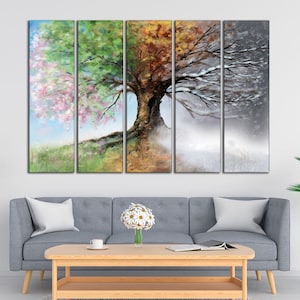 Four seasons tree canvas wall art 4 Seasons abstract colorful print Seasons wall decor Tree large wall art