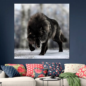 Black wolf wall art Wild animals canvas print Wolf canvas Wolf in snow canvas art Wild nature wall art