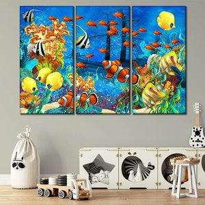 Underwater Life drawn wall decor Сorals reef wall art Сolorful fish canvas Child wall decor Sea fish canvas print  Nursery wall art
