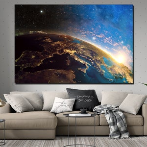 Earth wall art Earth from space print Space wall decor NASA earth photo Planet Earth canvas Sunrise art print Astronomy decor Stars