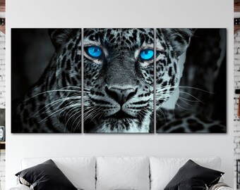 Tiger glowing blue eyes wall art Leopard canvas wall art Animal canvas print Black white leopard wall canvas Wildlife art