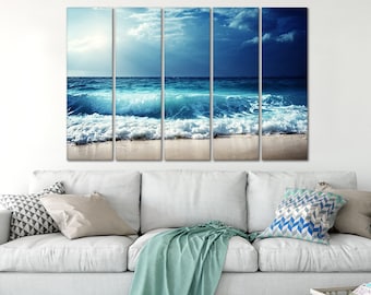 Beach canvas wall art  Sea landscape print Ocean wall art Sunset beach wall art large Coastal decor Beach photo