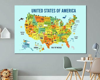 USA Map Canvas Wall Art – Educational Kids Room Décor, Colorful United States Map Print, Classroom and Playroom Wall Decoration