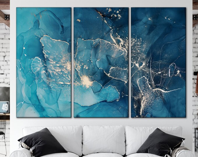 Teal Marble Canvas Print Blue and Silver Marble Wall Art Etsy