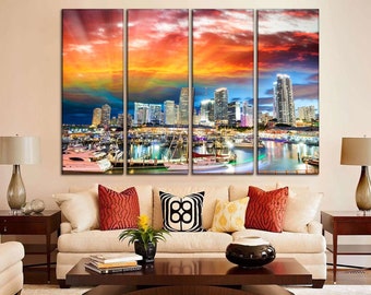 Miami skyline canvas wall art Cityscape wall decor Miami at sunset print artwork Florida Miami skyline