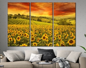 Sunflowers at sunset wall art Sunflowers field canvas wall art Flowers canvas Sunrise print Flower photo canvas Floral print wall art