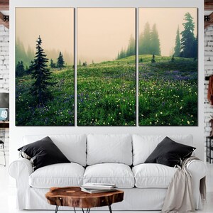 Flower meadow in forest wall art Foggy forest canvas Mountain forest canvas prints Nature print