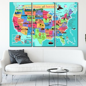 Push pin kids USA map Extra large wall art United States of America map canvas Nursery canvas wall art Children's Illustrated Map