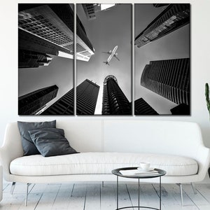 Airplane canvas wall art Skyscrapers canvas print Modern wall art Aviation wall art