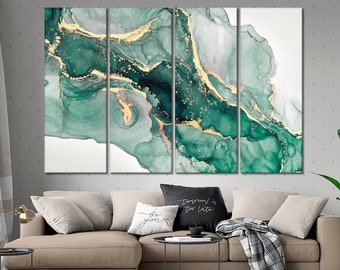 Green wall art Abstract canvas wall art Dark green marble canvas Alcohol ink canvas print Green and yellow (gold) marble wall art