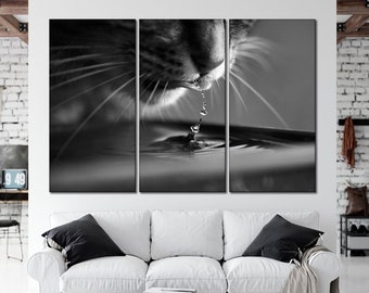 Cat black and white canvas wall art Cat canvas print Art animal poster Cat and water canvas art Cat close-up photo Сat canvas art