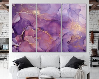 Purple marble canvas print Purple and gold (yellow) abstract canvas wall art Marble wall art Abstract art Violet and gold marble wall art