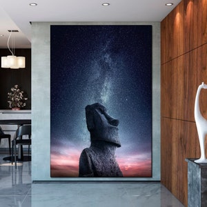 Easter Island statue canvas art Milky way canvas wall art Starry night wall decor