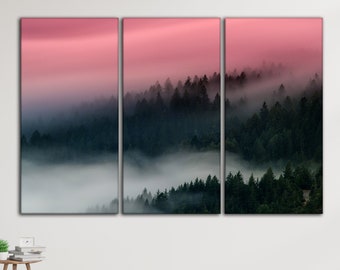 Foggy forest wall art Forest wall decor Mountain forest canvas prints Landscape poster Nature print Forest photo Pink fog print art