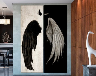 Angel and demon canvas set 2 panels Angel Wings wall art Graffiti canvas wall art Black white canvas Urban art Yin Yang