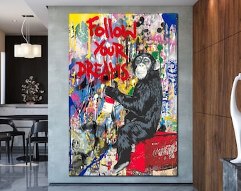 Follow your dreams canvas art Modern graffiti canvas wall art Monkey graffiti wall art Urban art Сontemporary wall art