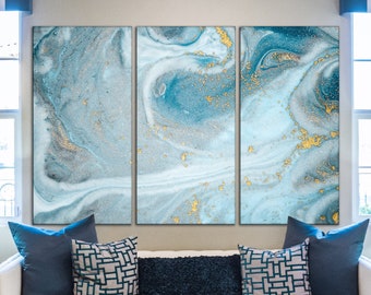 Abstract canvas wall art Blue and gold (yellow) wall art Blue marble wall art Marbling wall decor Abstract poster Marble canvas print