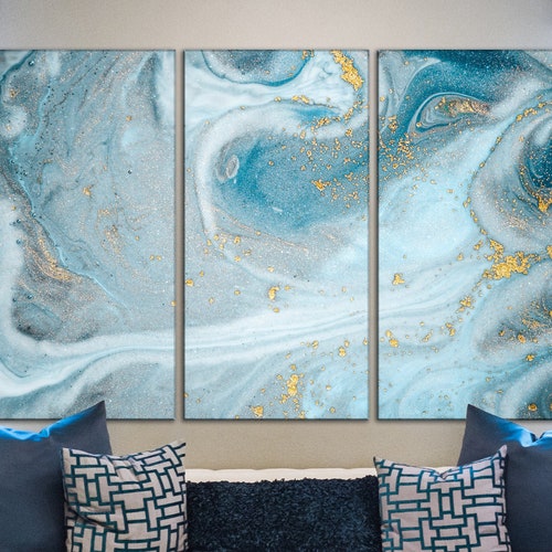 Teal Marble Canvas Print Blue and Silver Marble Wall Art Etsy