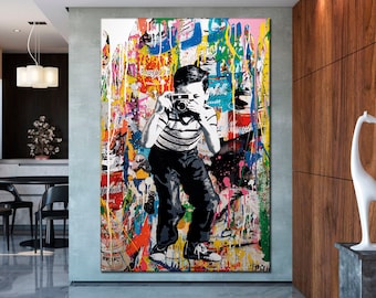 Boy with camera canvas wall  art Graffiti canvas wall art Photo graffiti art Urban art Modern canvas print
