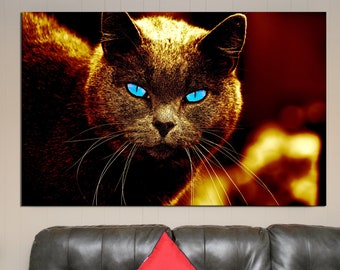 Cat canvas wall art Cat canvas print Cat blue eyes Big wall art Black cat photo Mysterious cat canvas Black cat wall art