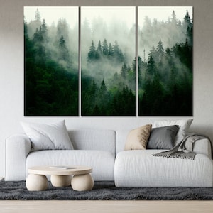 Foggy forest wall art Spruce forest wall decor Mountain forest canvas print Nature artwork