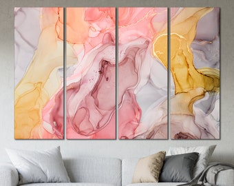 May include: Abstract art print with a multi-panel design. The print features a swirling pattern of pink, yellow, and gray hues with hints of gold.