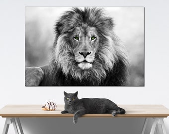 Lion black and white with green eyes wall art Africa Lion canvas print Art animal poster Green eyes lion canvas print Lion close-up photo
